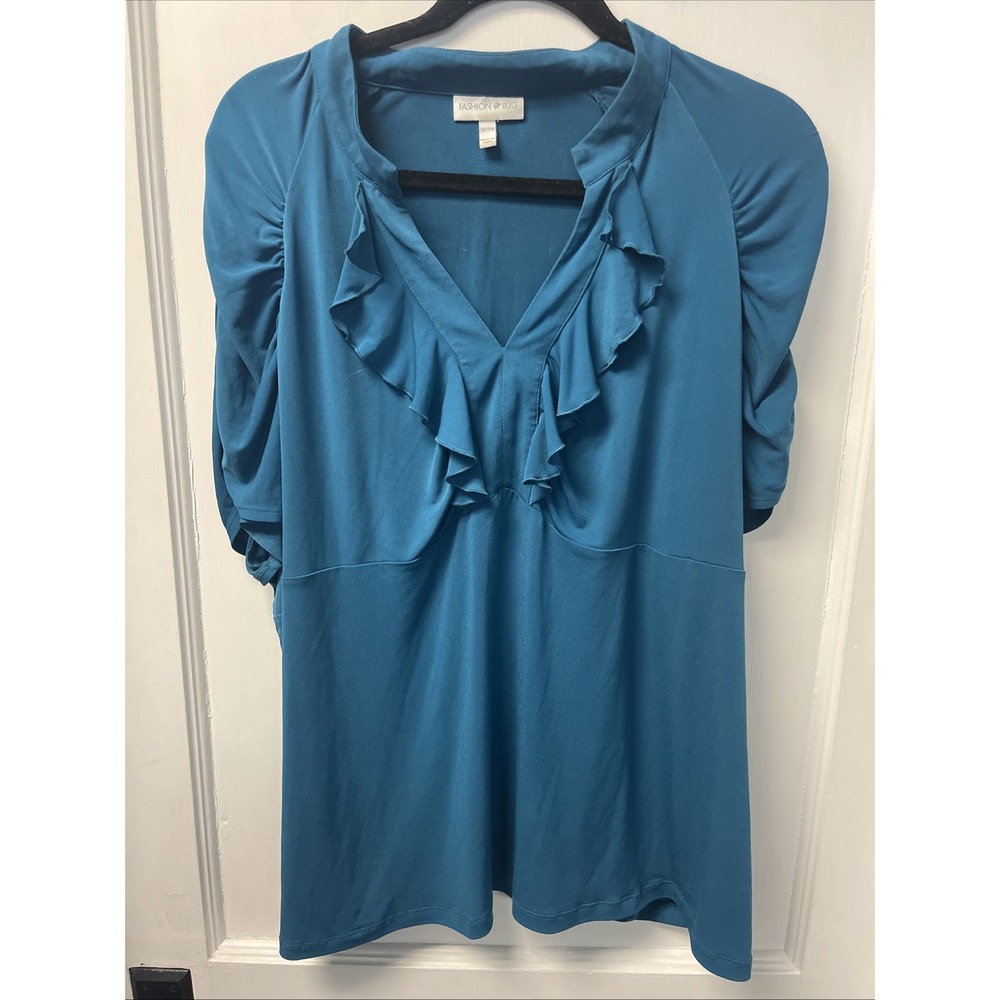 Fashion Bug Stretch Women's Size 26/28W Blouse Top Ruffles Blue
